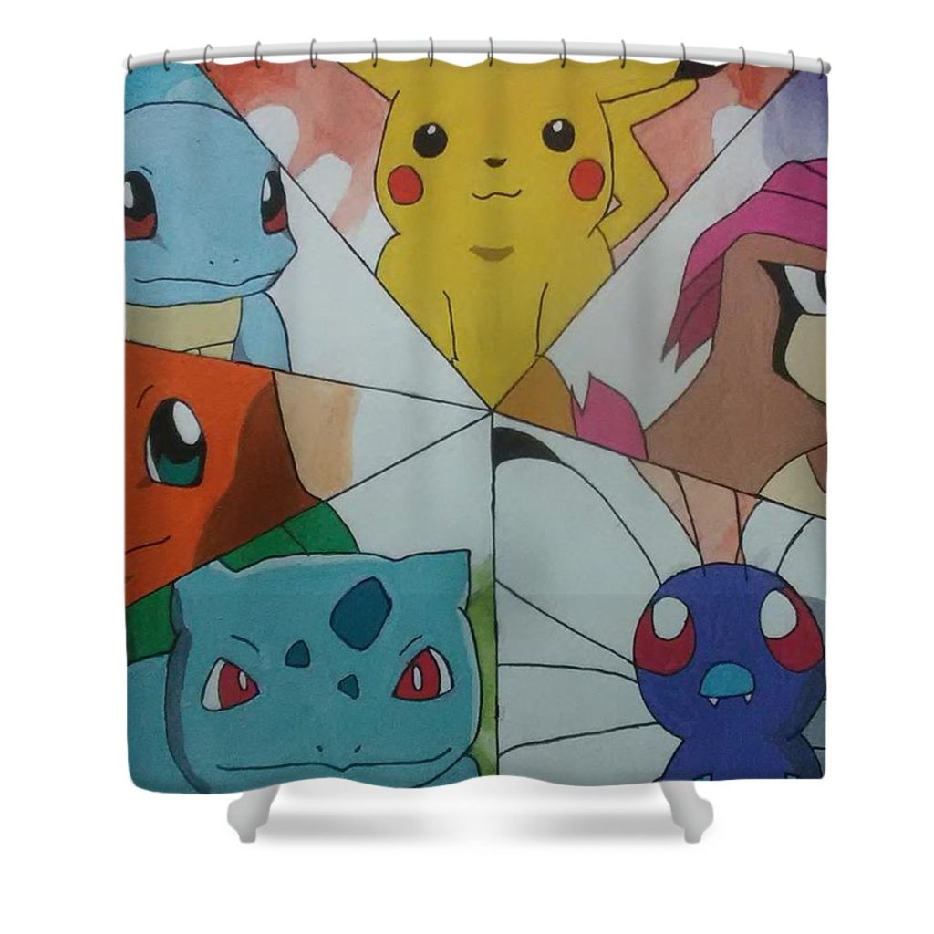 ash ketchums first 6 pokemon david stephenson - Anime Shower Curtain Shop