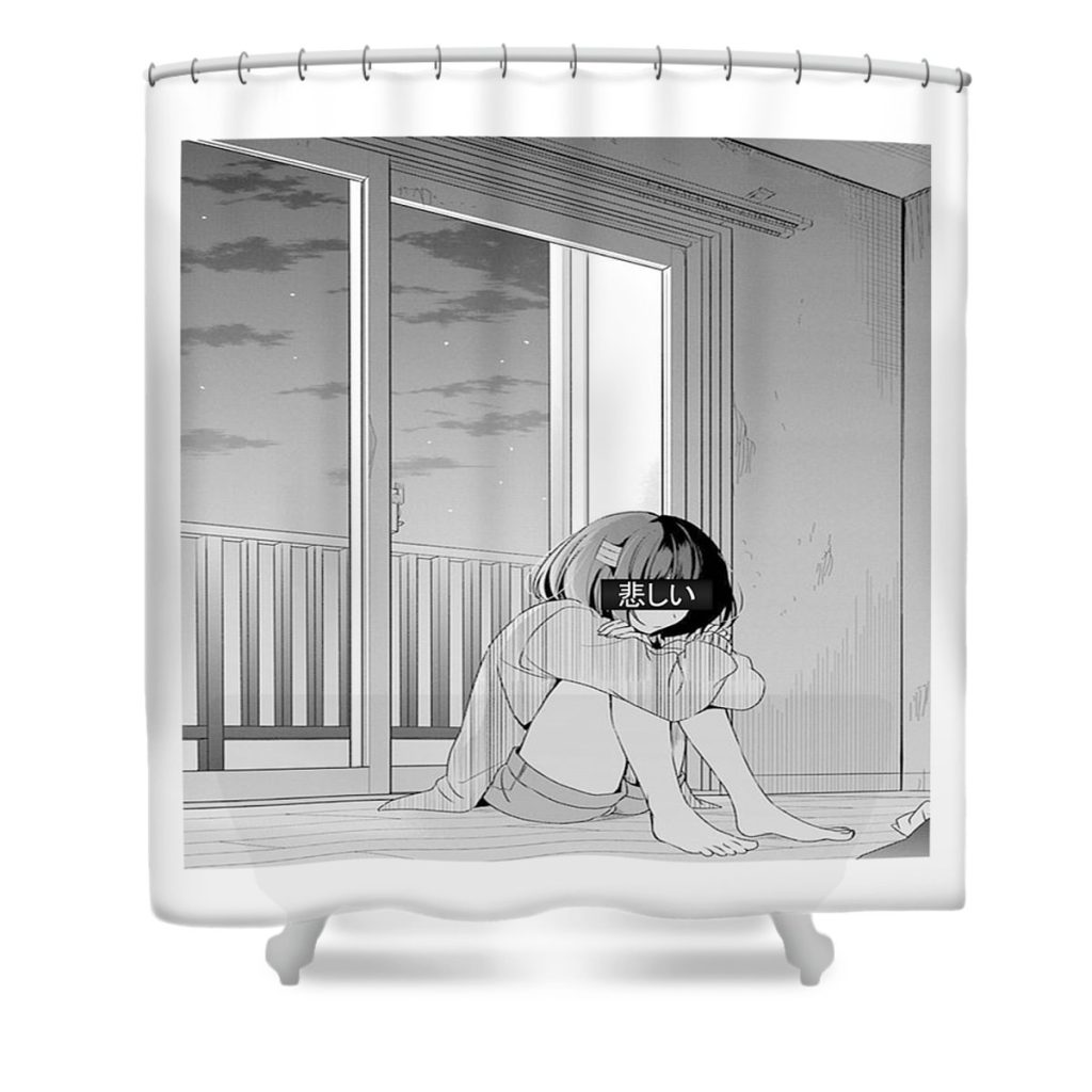 sad anime girl waifu material otaku manga aesthetic gift doki doki transparent - Anime Shower Curtain Shop